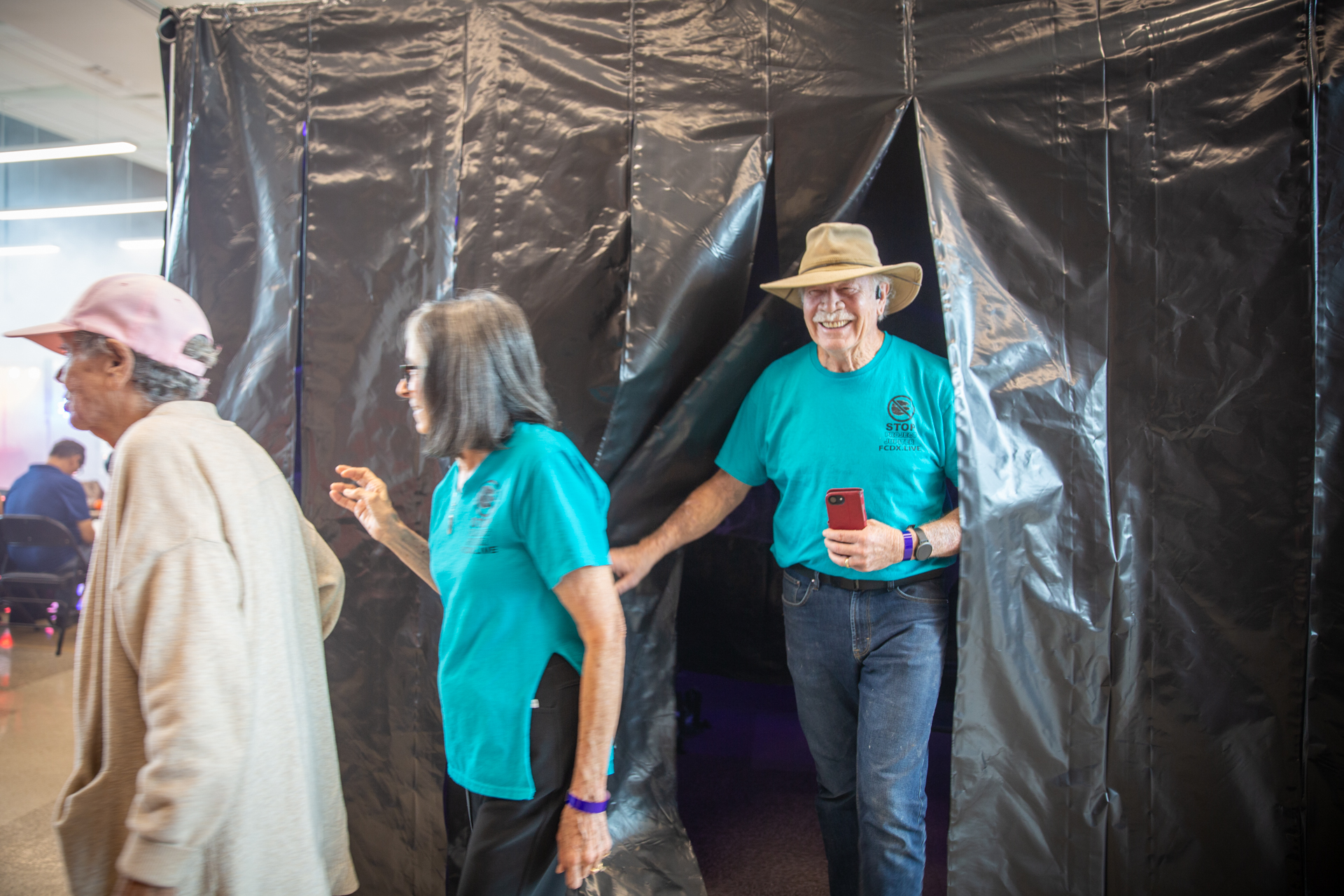 Guests walking out of the haunted house together