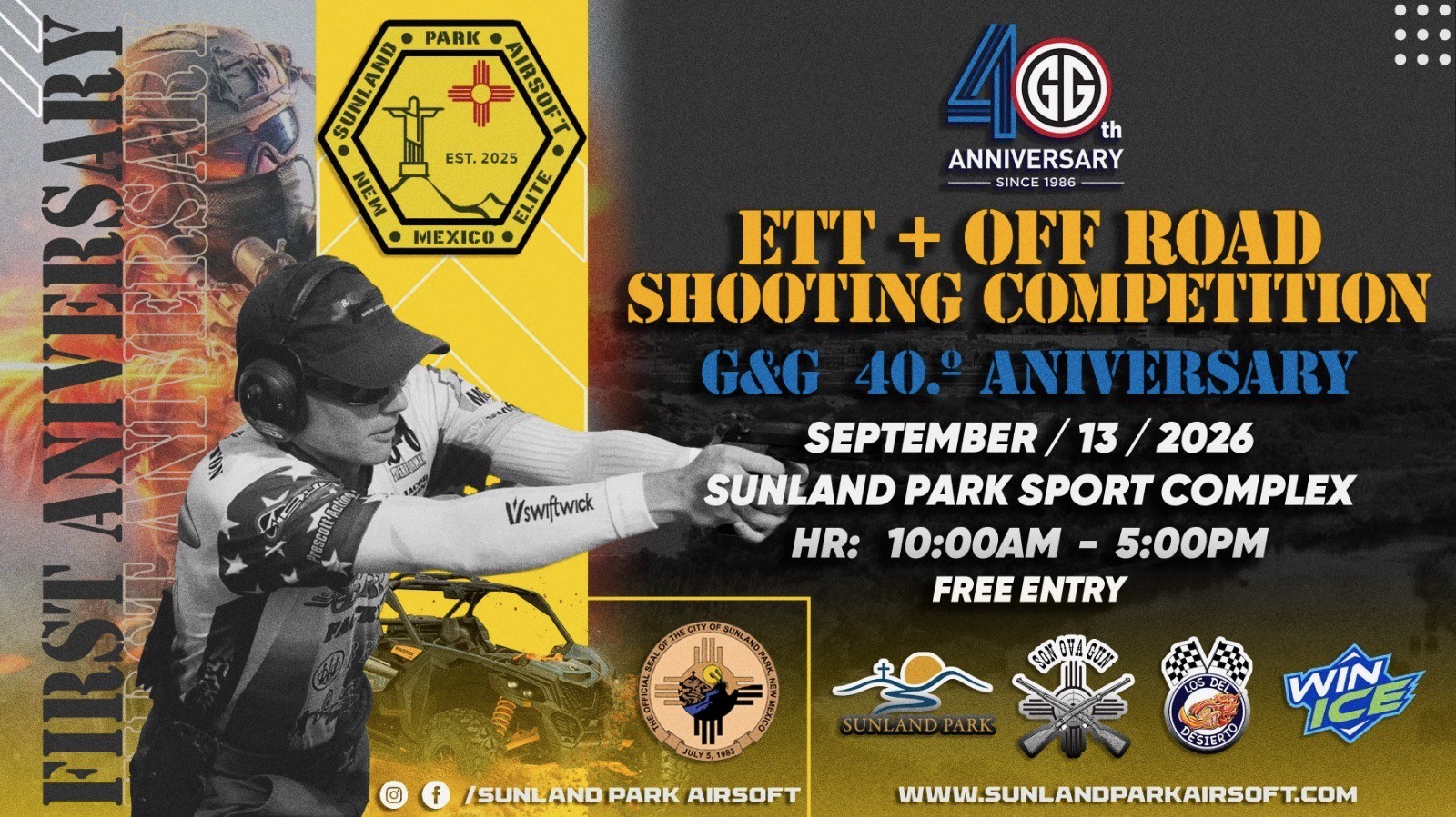 Sunland Park Airsoft competitor taking aim beside an off-road UTV