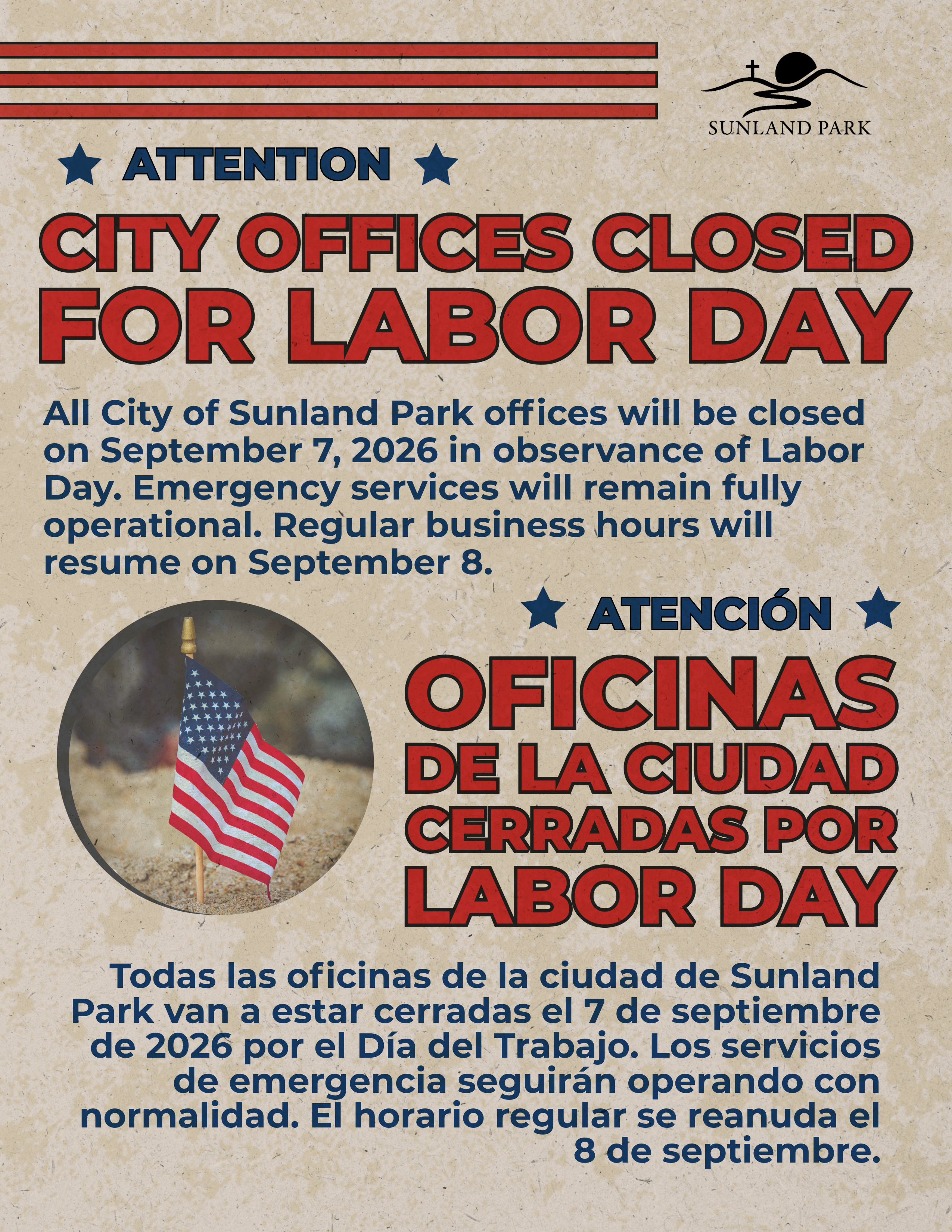 City of Sunland Park bilingual notice: city offices closed September 7, 2026 for Labor Day. Aviso bilingüe: oficinas cerradas el 7 de septiembre de 2026 por el Día del Trabajo.