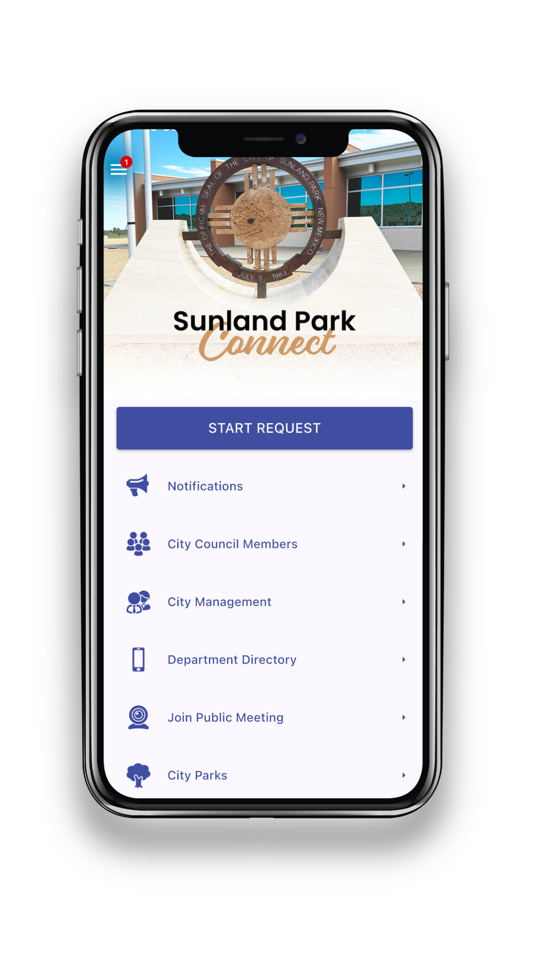 Sunland Park Connect home screen with the Start Request button and app menu