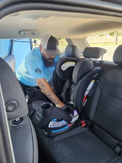 Car seat fitting station set up at the Sunland Park Sports Complex.