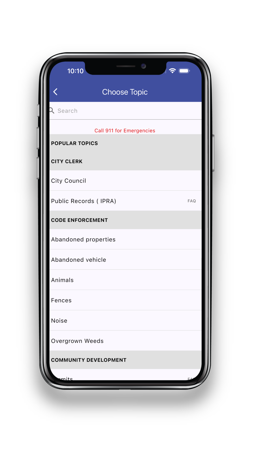 Sunland Park Connect request topics screen