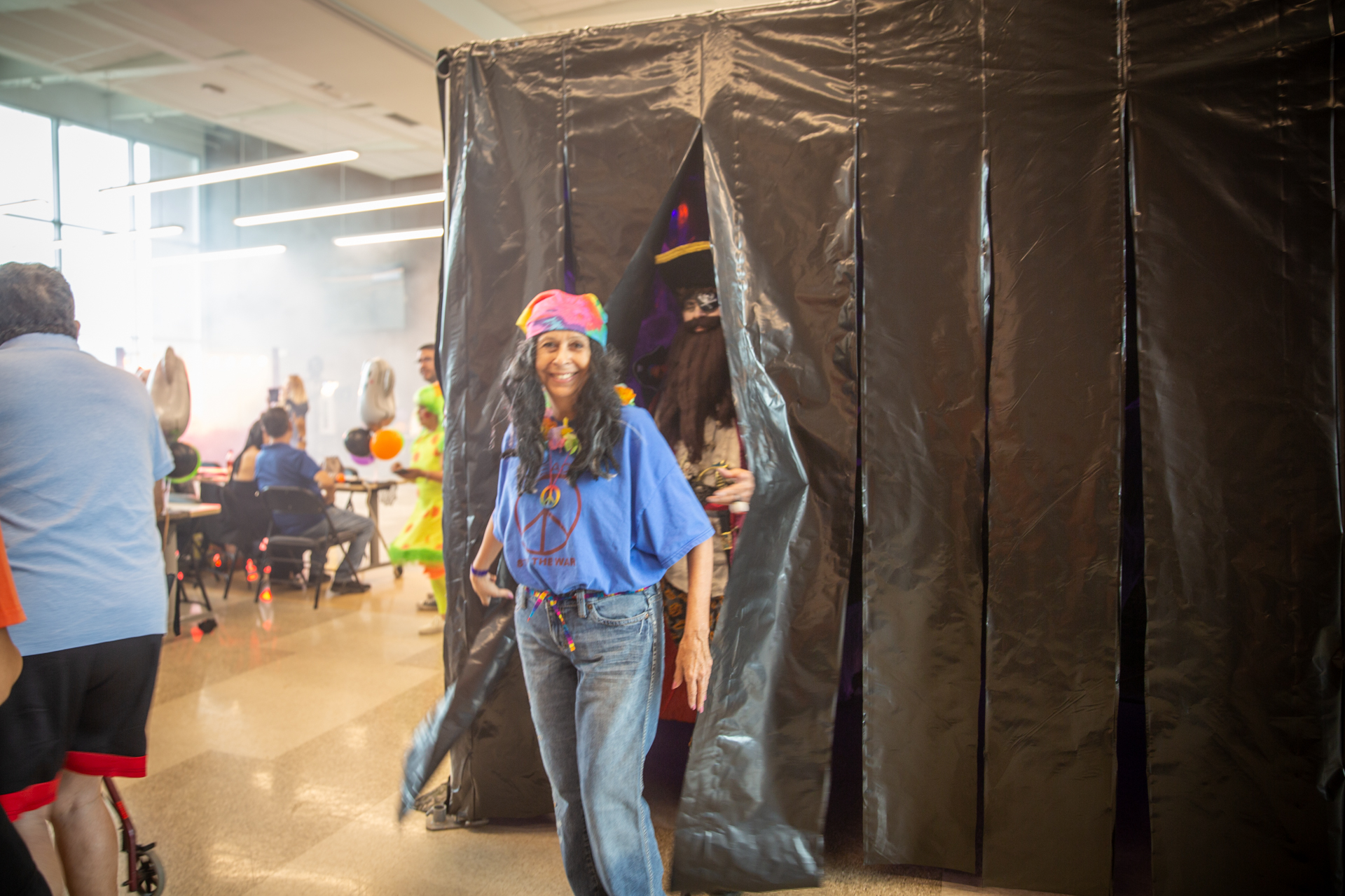 A guest coming out of the haunted house