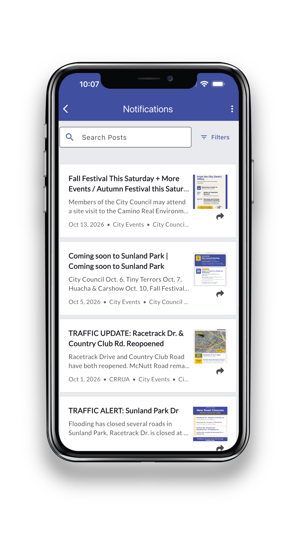 Sunland Park Connect notifications screen showing recent city posts