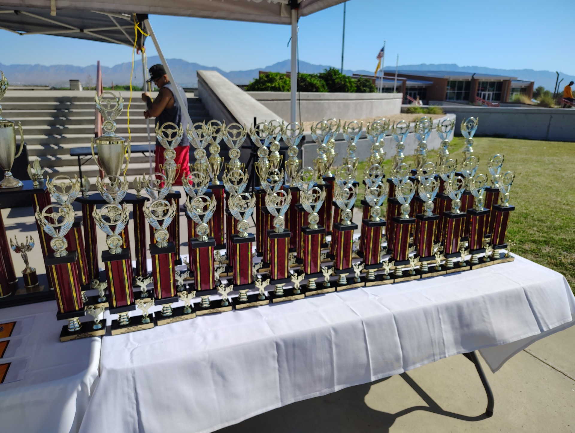 Rows of trophies lined up on a table before last year's awards