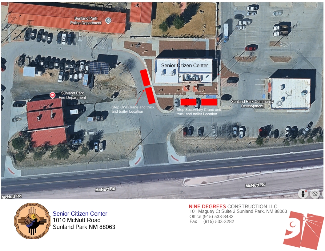 Aerial site map of the Senior Citizen Center at 1010 McNutt Road showing two highlighted crane and trailer staging areas near the building entrance
