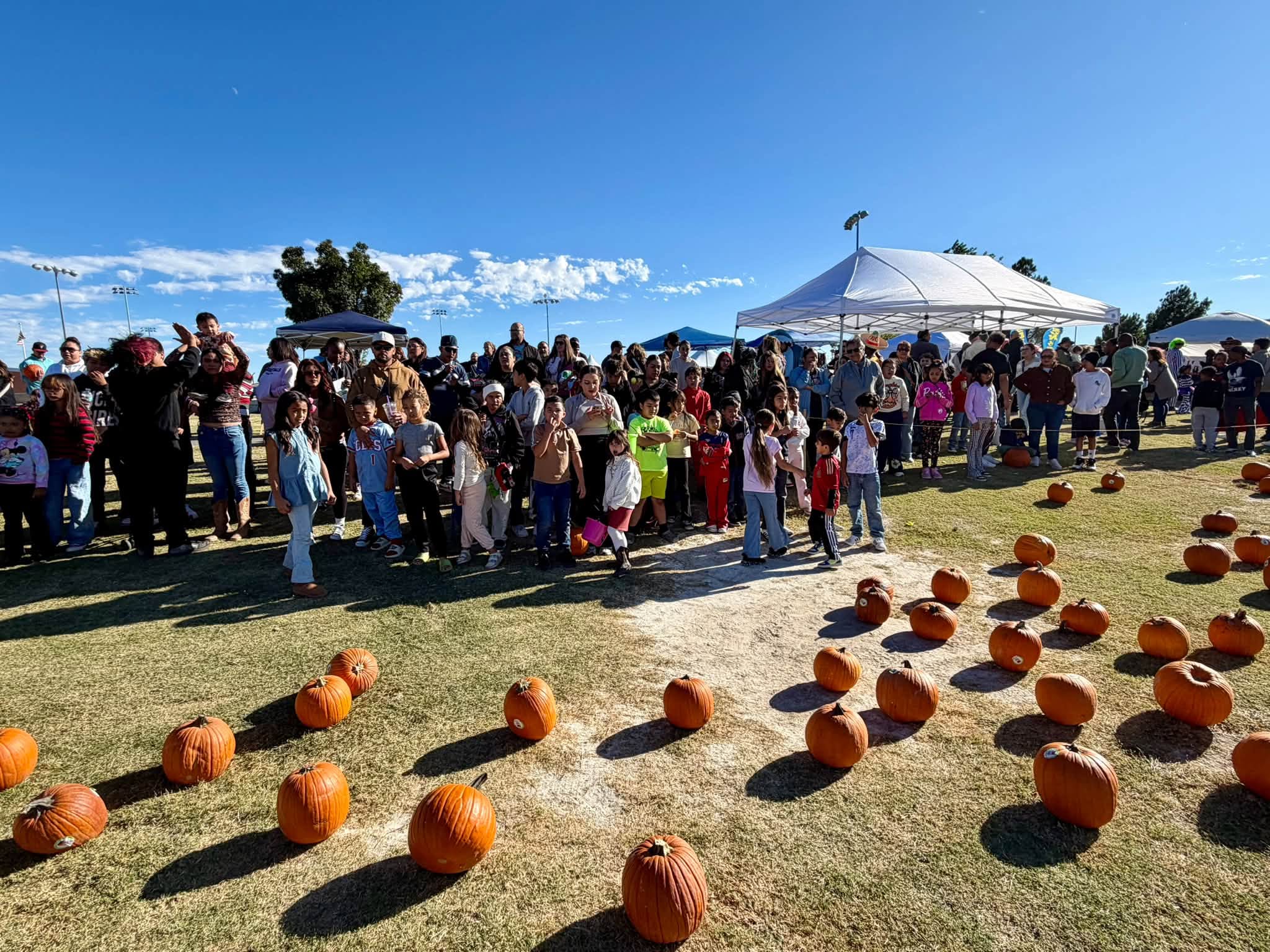 Families gather at the edge of the pumpkin patch at the 2026 Sunland Park Fall Festival