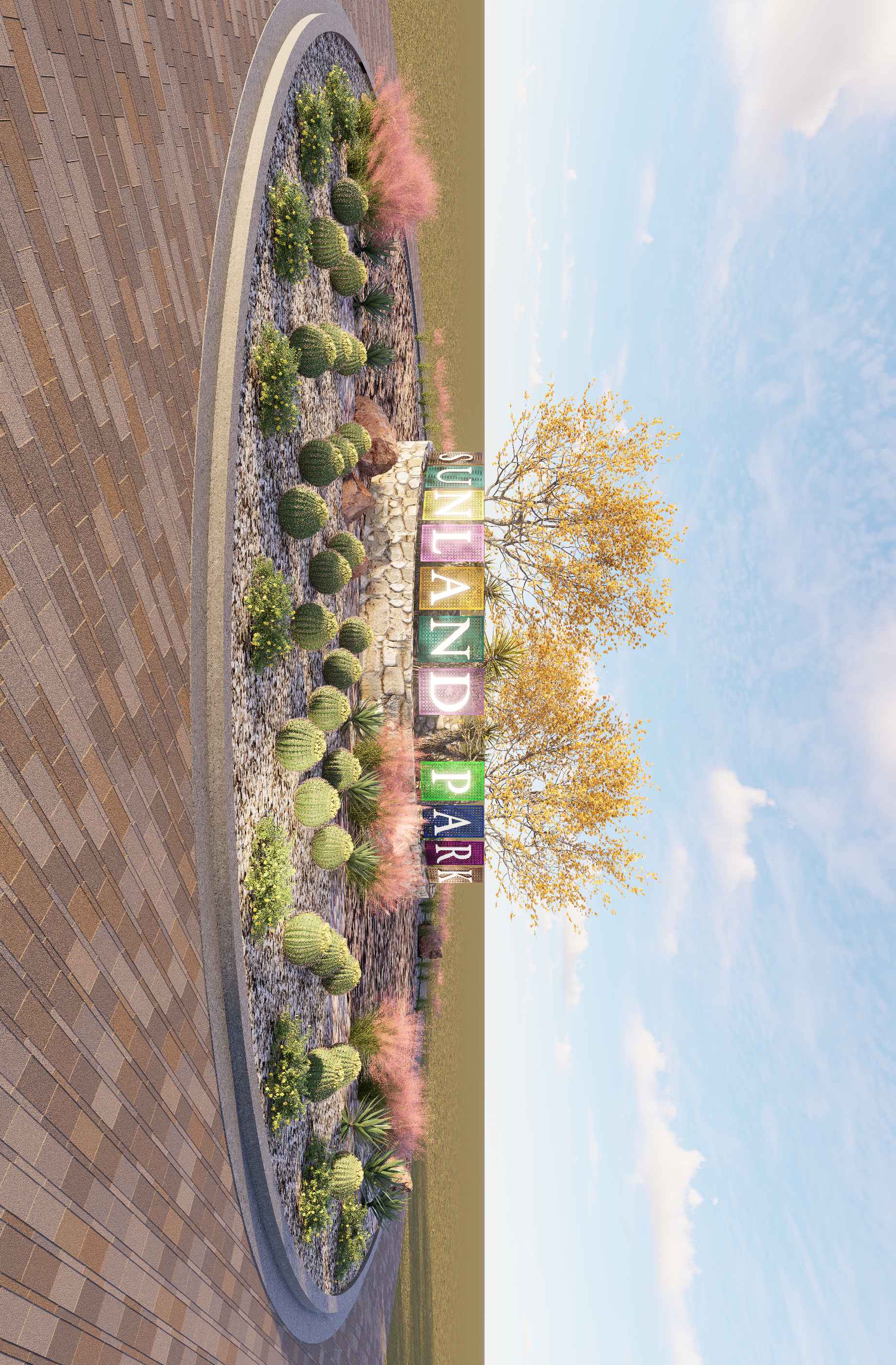 Overhead plan view of the roundabout island showing the circular layout of rock mulch, boulders, trees and low plantings.